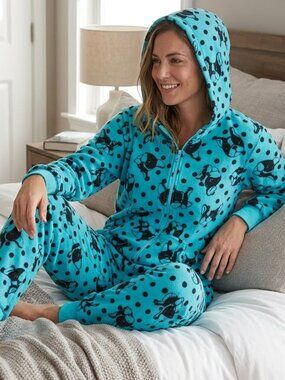 SWS Blue Fleece Long Warm Pajama Onesie Sleepwear Loungewear Dog Print Size XL